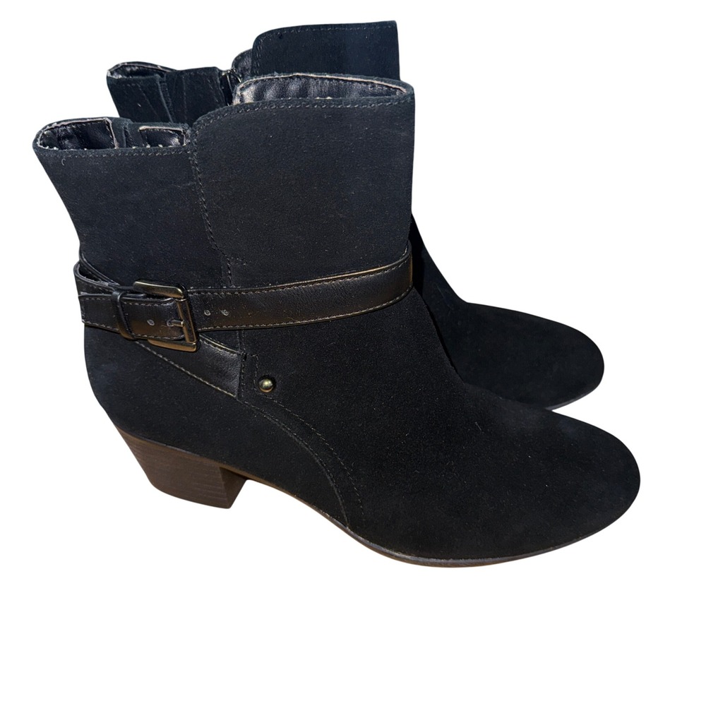 White Mountain Ballot Womens 8 Pre-Owned Ankle Boot All Black Suede Buckle Block